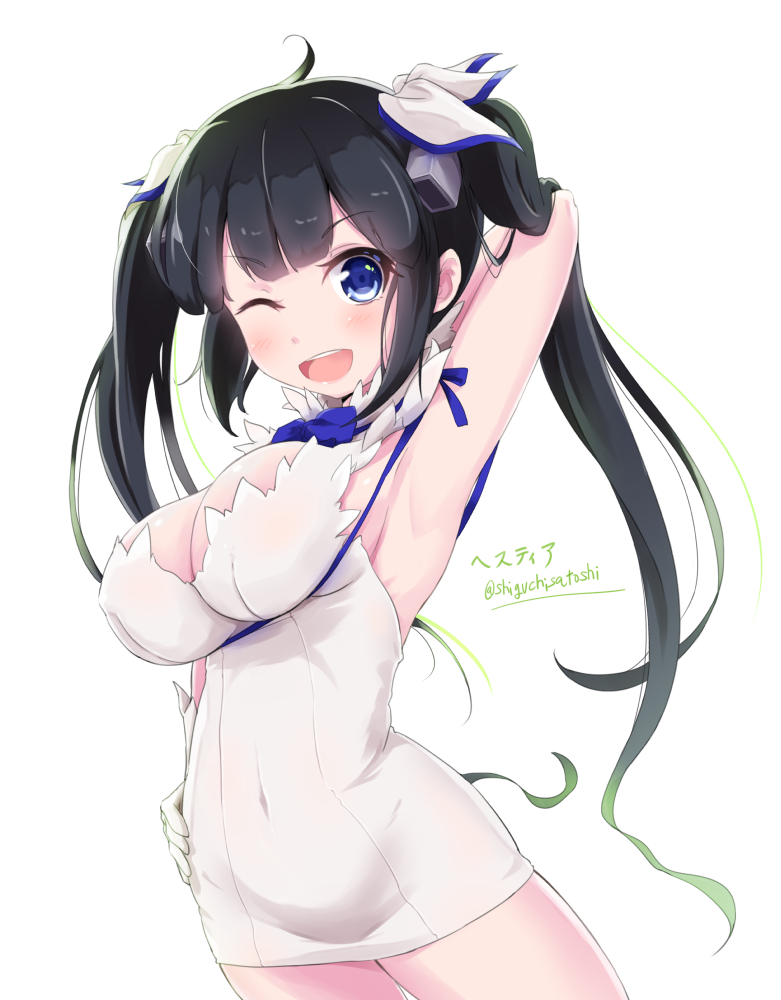 1girl, black_hair, blue_eyes, breasts, cleavage, dress, dungeon_ni_deai_wo_motomeru_no_wa_machigatteiru_darou_ka, gloves, hair_ribbon, hestia_(danmachi), large_breasts, long_hair, looking_at_viewer, one_eye_closed, open_mouth, panikuru_yuuto, rei_no_himo, ribbon, smile, solo, twintails, white_dress, white_gloves