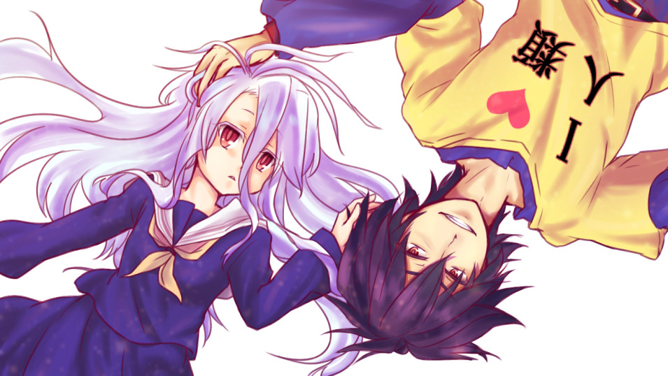 1boy, 1girl, bags_under_eyes, blue_hair, brother_and_sister, clothes_writing, expressionless, gradient_hair, jouban, long_hair, looking_at_viewer, messy_hair, multicolored_hair, multiple_girls, no_game_no_life, oversized_clothes, pale_skin, petite, red_eyes, school_uniform, serafuku, shiro_(no_game_no_life), short_hair, siblings, silver_hair, smile, solo, sora_(no_game_no_life), t-shirt, thigh-highs, very_long_hair
