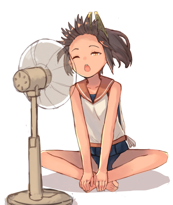 1girl, bare_legs, bare_shoulders, barefoot, brown_hair, electric_fan, hands_on_feet, high_ponytail