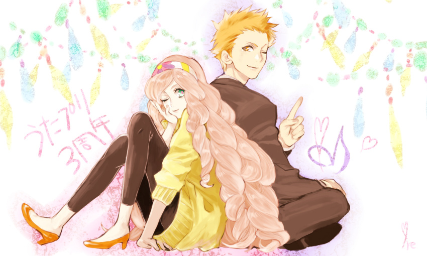 2boys, black_legwear, blue_eyes, hairband, high_heels, hyuuga_ryuuya, leggings, long_hair