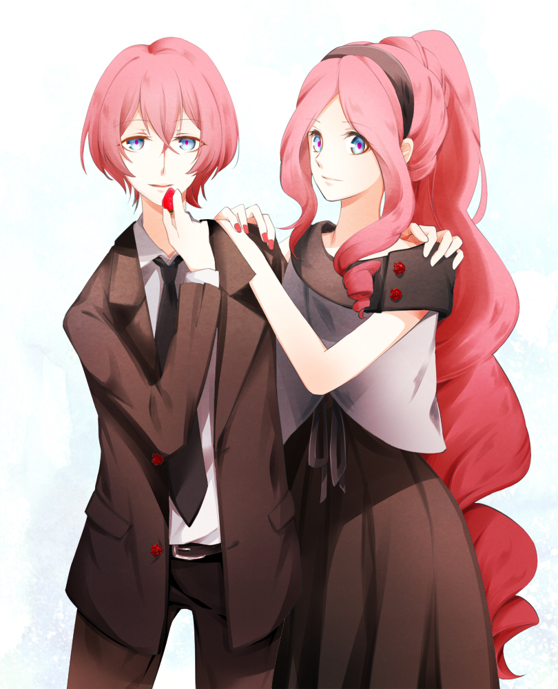 2_alice_2, 2boys, blue_eyes, crossdressinging, dual_persona, food, fruit, long_hair, multiple_boys, necktie, open_mouth, otoko_no_ko, pink_hair, short_hair, smile, strawberry, tsukimiya_ringo, uta_no_prince-sama, very_long_hair