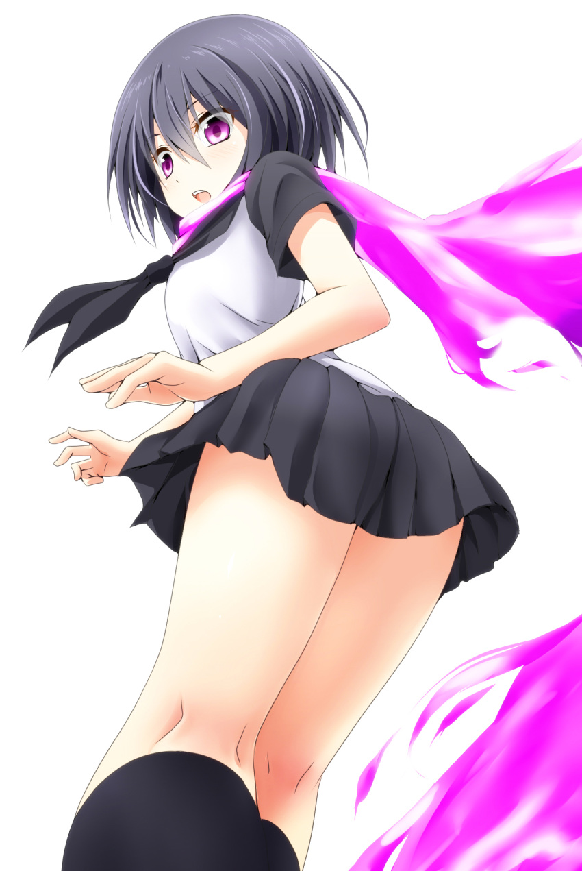 1girl, black_hair, black_skirt, blush, from_behind, highres, kneepits, ninja_slayer