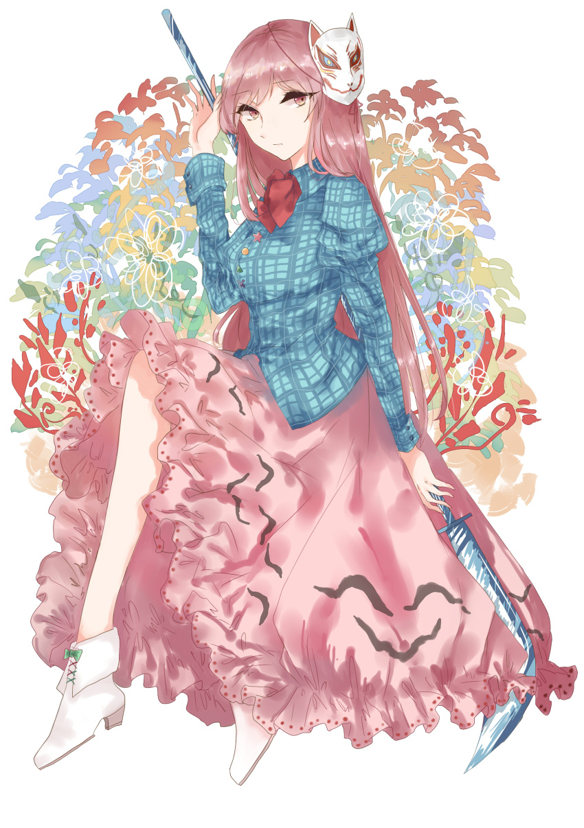 1girl, absurdres, adapted_costume, ankle_boots, boots, canothy, expressionless, floral_background