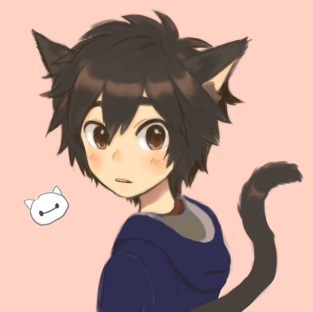 1boy, animal_ears, baymax, big_hero_6, brown_eyes, brown_hair, bush, cat_ears
