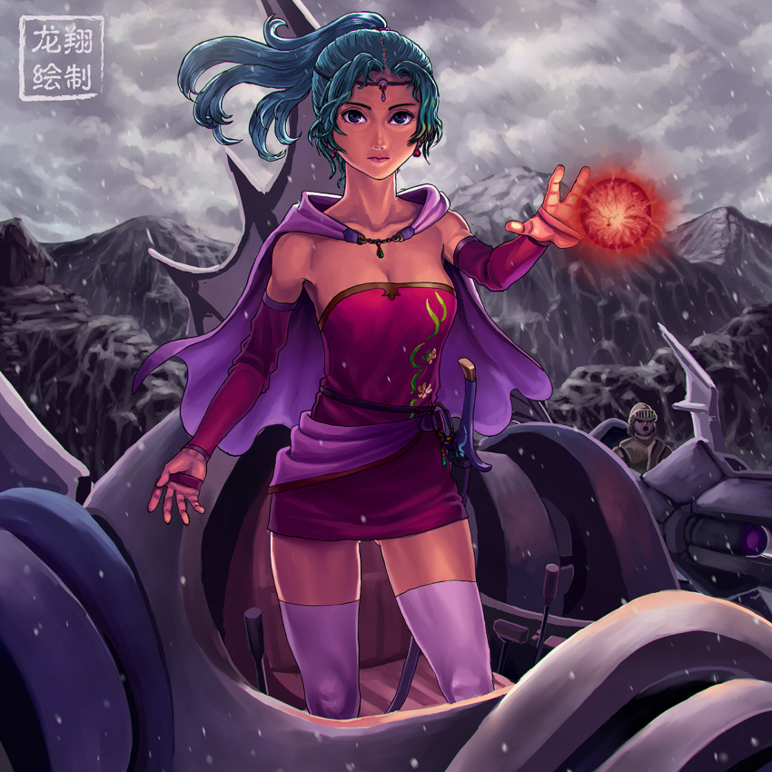 1girl, blue_eyes, breasts, cape, circlet, cleavage, collarbone, dress