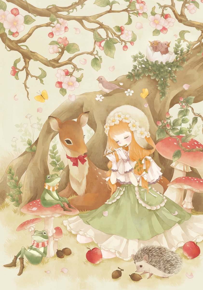 1girl, acorn, animal, animal_ears, apple, bird, braid, butterfly