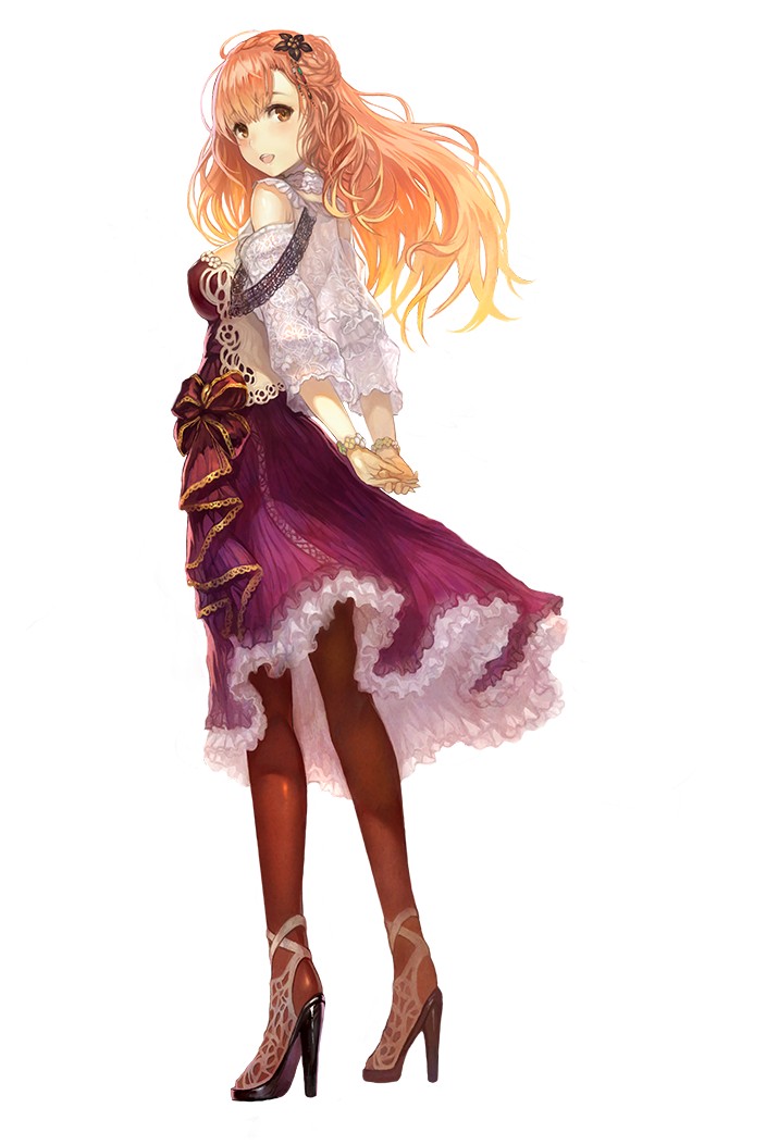 1girl, character_request, dress, frills, gust, hair_ornament, high_heels, long_hair