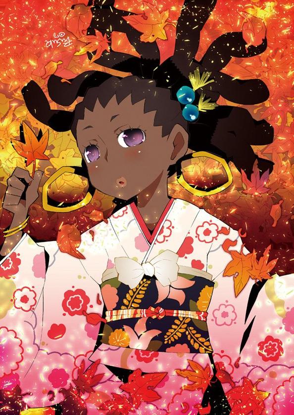 ayukawa_miyuki, basquash!, black_hair, dark_skin, earrings, hair_locs, japanese_clothes, jewelry