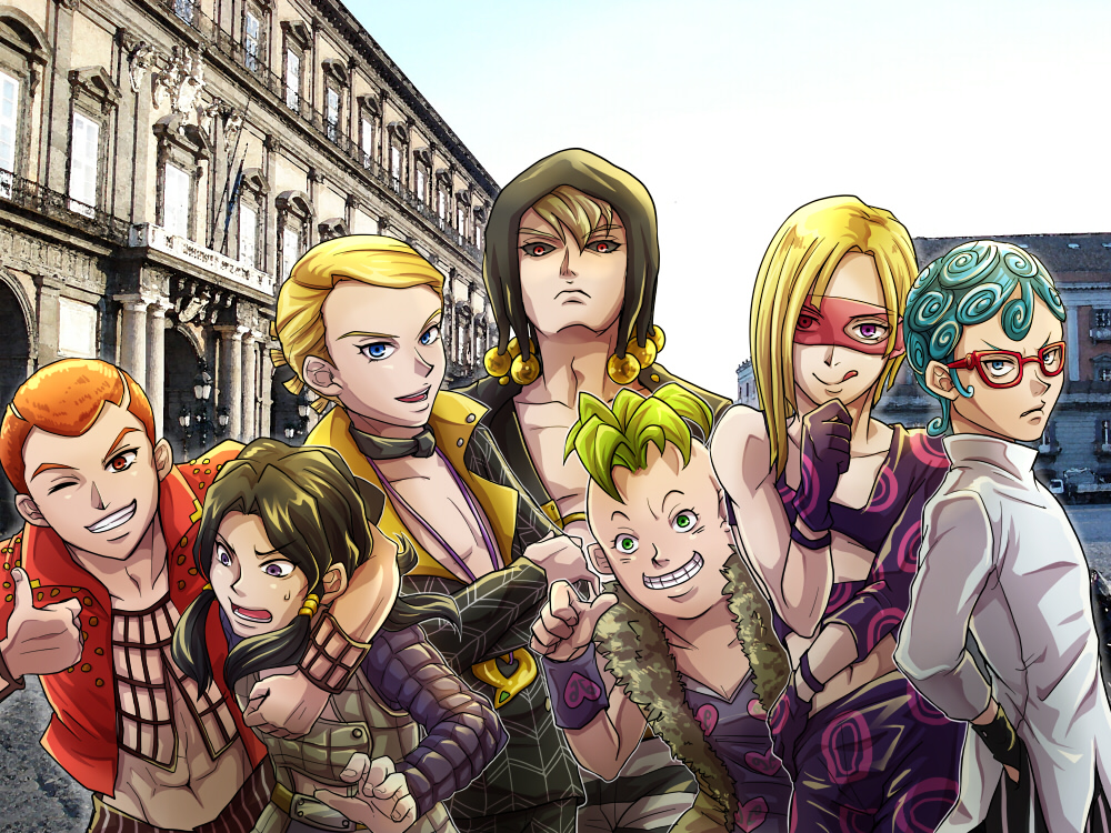 ;), arm_around_neck, black_hair, black_sclera, blonde_hair, blue_eyes, blue_hair, building, chin_rest, formaggio, ghiaccio, glasses, green_eyes, green_hair, hands_in_pockets, hat, illuso, izumiizm, jojo_no_kimyou_na_bouken, melone, one_eye_closed, orange_hair, pesci, prosciutto, red_eyes, risotto_nero, sky, smile, thumbs_up, tongue, tongue_out, violet_eyes