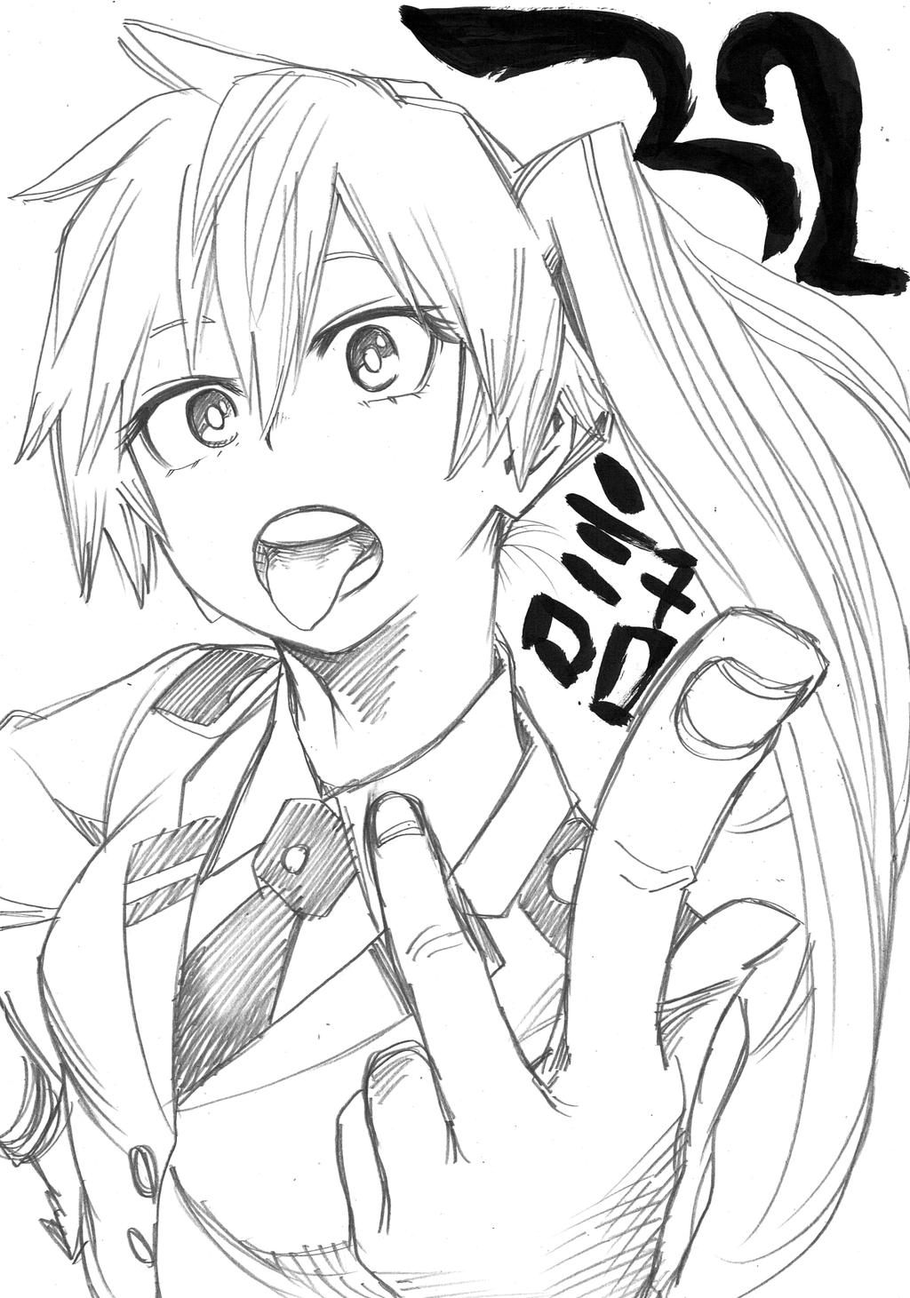 1girl, boku_no_hero_academia, character_check, graphite_(medium), highres, horikoshi_kouhei, kobushifuji, long_hair, long_sleeves, necktie, school_uniform, side_ponytail, simple_background, solo, tongue, tongue_out, traditional_media, upper_body, white_background