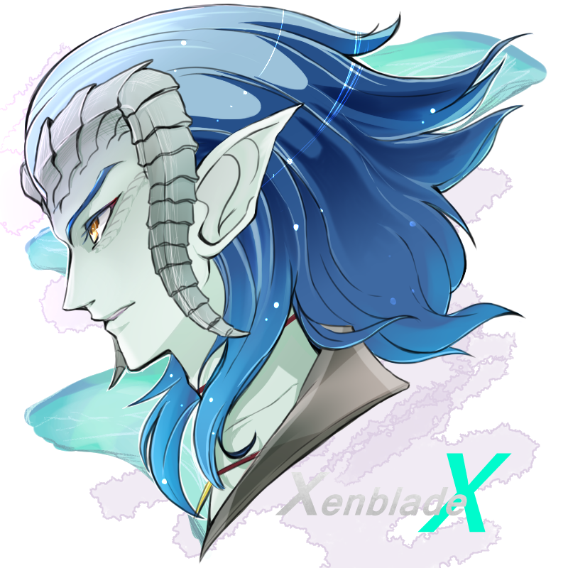 1boy, alien, blue_hair, blue_skin, horns, pointy_ears, profile, ru_sylphe