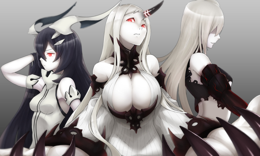 3girls, aircraft_carrier_hime, anchorage_water_oni, bare_shoulders, black_hair, breasts, bushidokuroi, claws