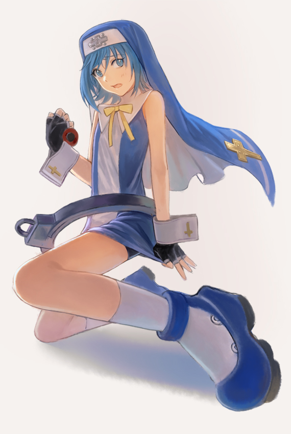 1boy, ahoge, bike_shorts, blue_eyes, blue_hair, blush, bridget_(guilty_gear), bridget_(guilty_gear)_(cosplay)