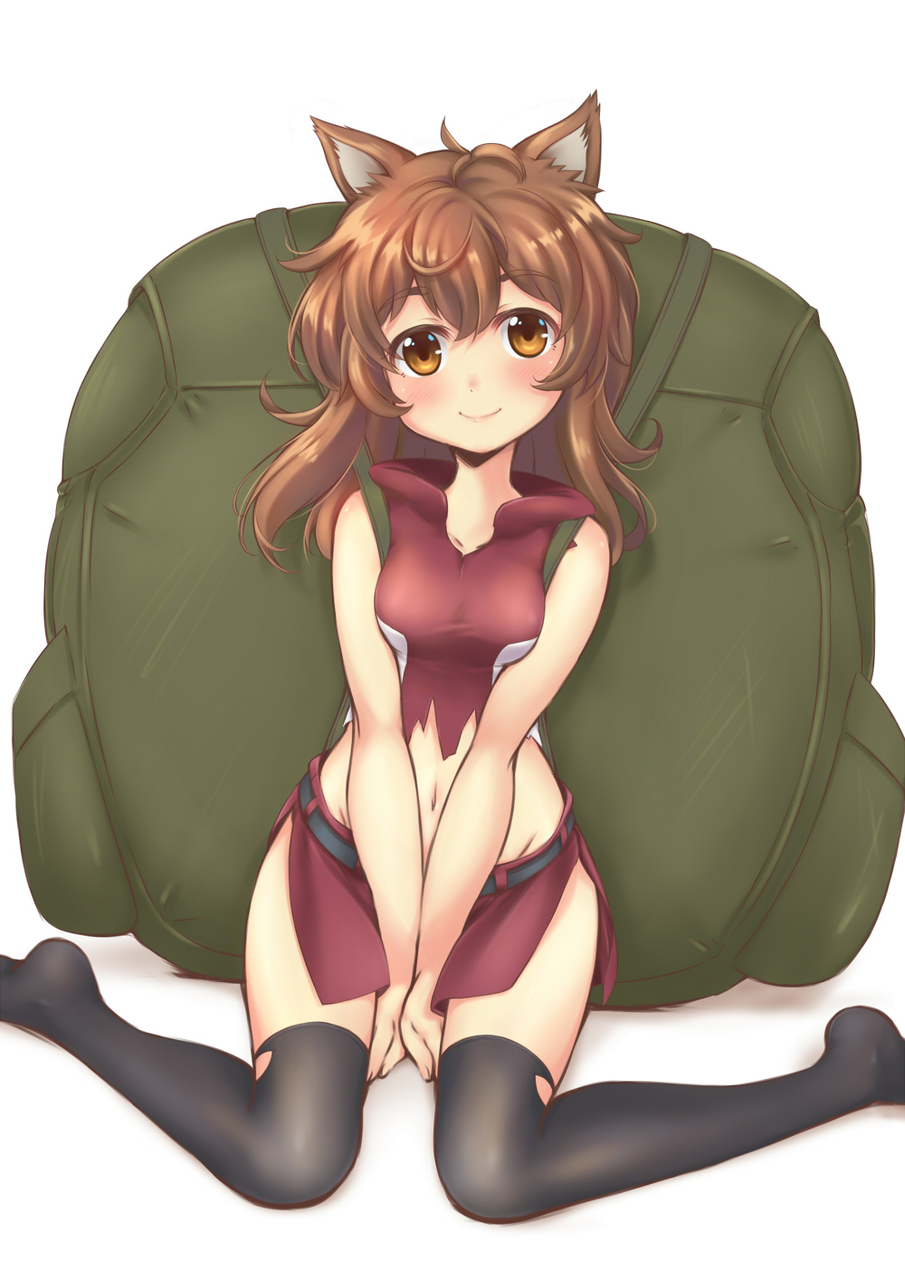 1girl, animal_ears, backpack, bag, between_legs, brown_eyes, brown_hair, crop_top