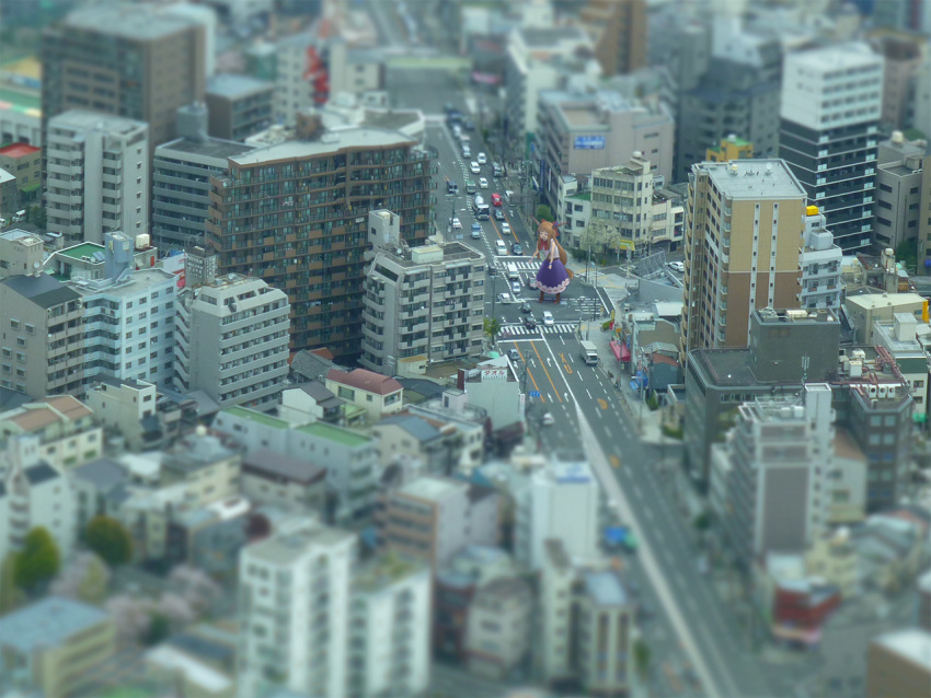 1girl, apartment, blurry, car, chromatic_aberration, city, cityscape, giantess