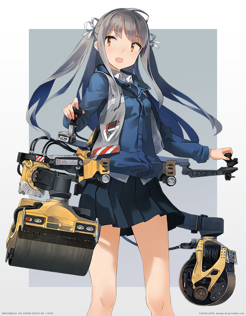 1girl, astg, brown_eyes, cowboy_shot, grey_hair, happy, holding_machine, hoodie, long_hair, looking_to_the_side, machine, outside_border, searfuku, tie, twin_tails, upskirt