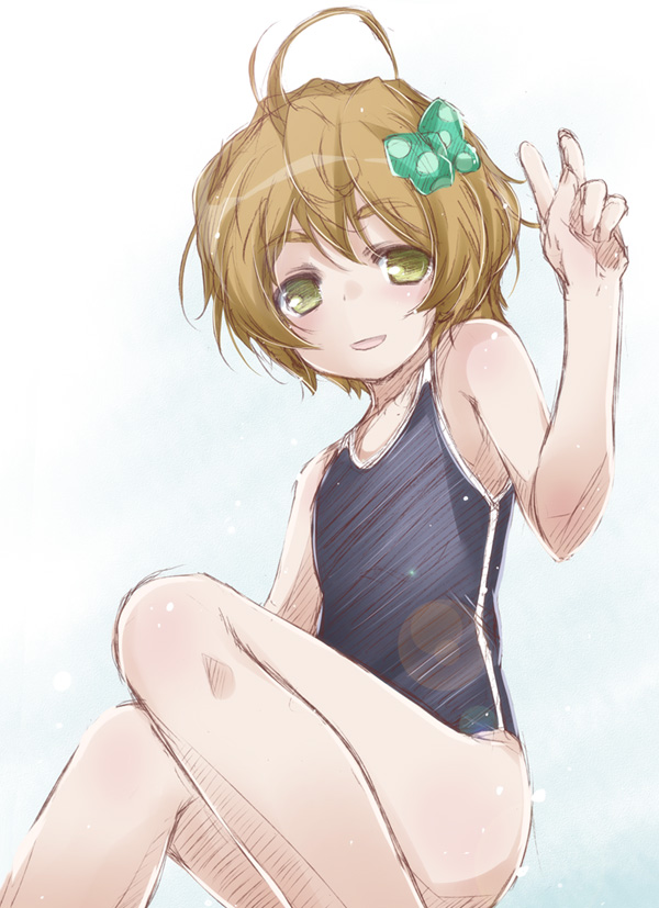 1girl, brown_eyes, brown_hair, hibike!_euphonium, kawashima_sapphire, one-piece_swimsuit, short_hair, swimsuit, v, yumesato_makura