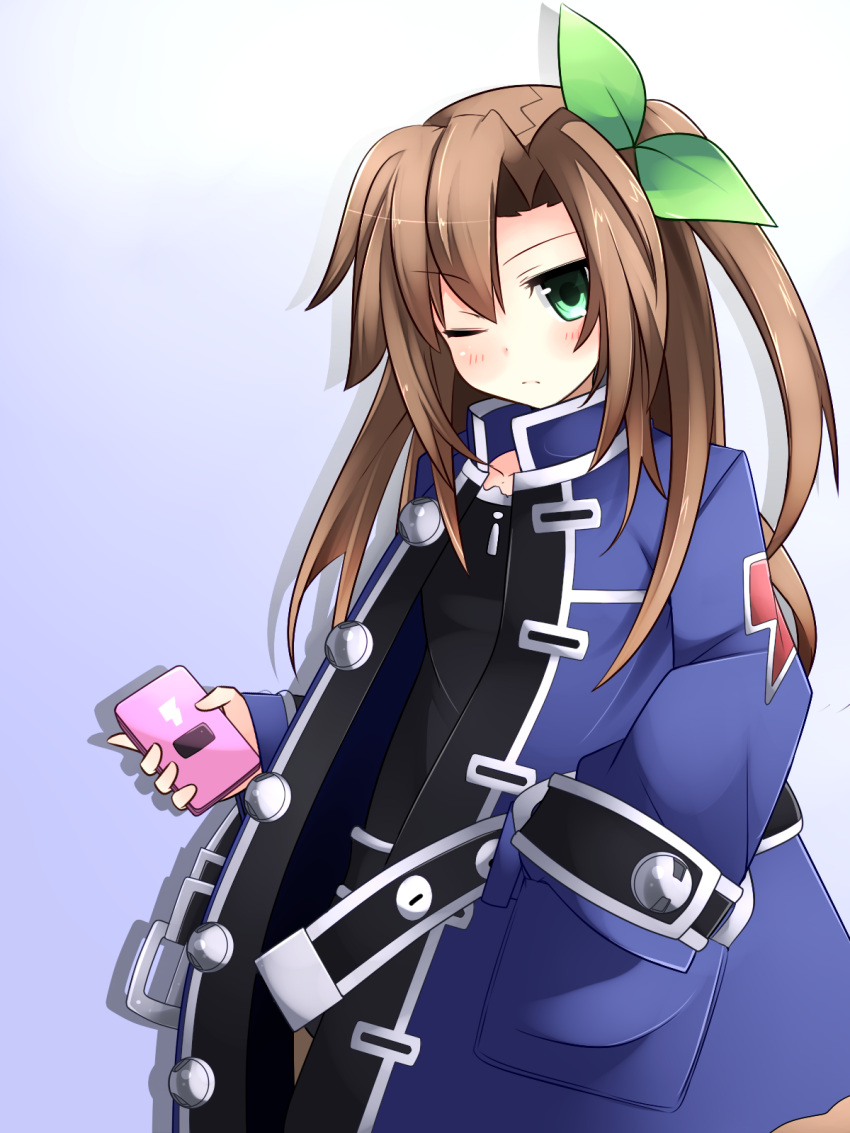 1girl, brown_hair, cellphone, choujigen_game_neptune, flat_chest, green_eyes, hair_ornament, hand_in_pocket