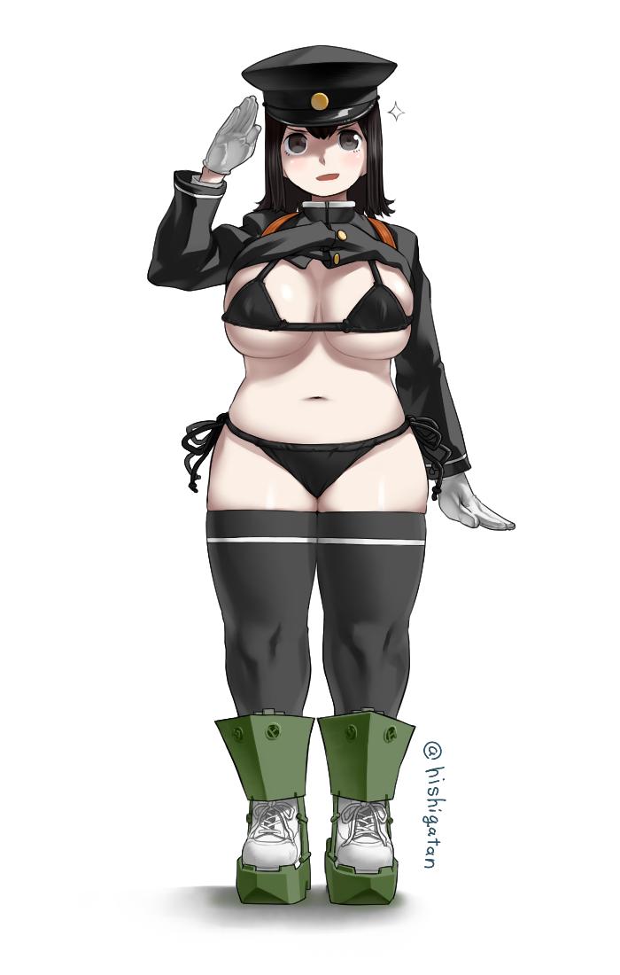 >:d, 1girl, :d, akitsu_maru_(kantai_collection), bikini, black_bikini, black_eyes, black_hair