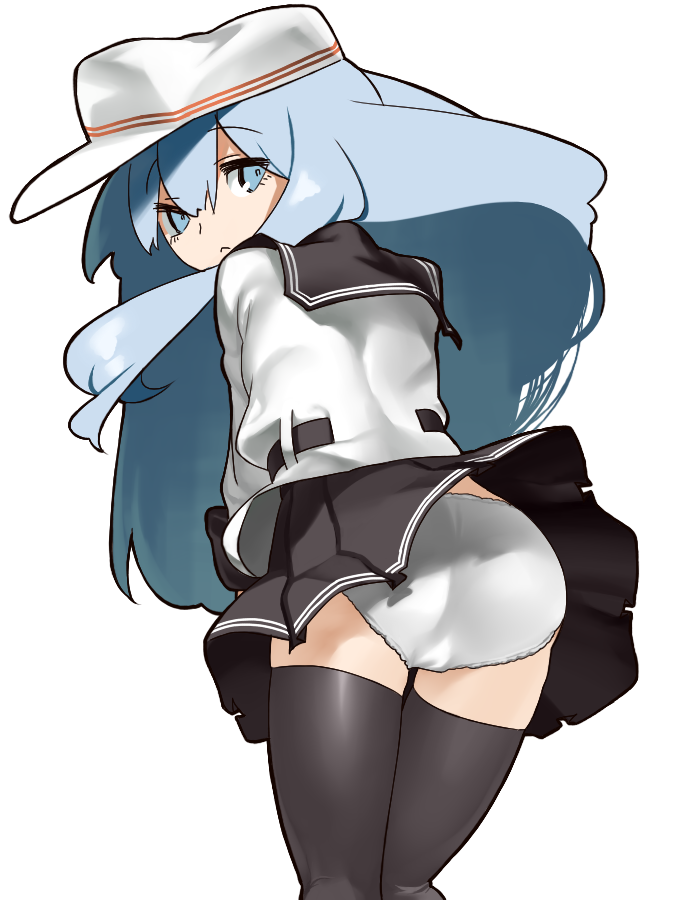 1girl, :<, ass, black_legwear, black_skirt, blue_eyes, blue_hair, from_behind