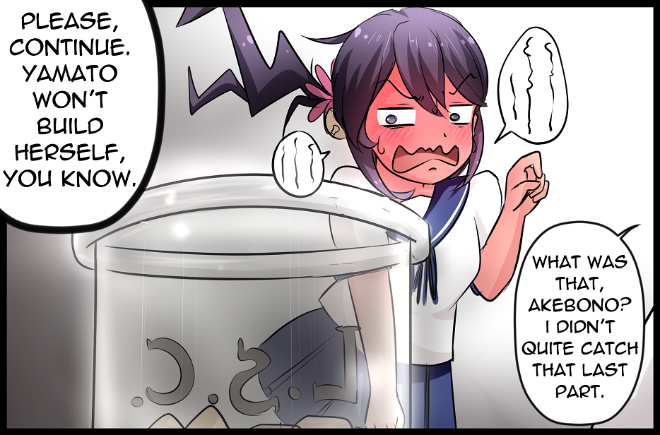 1boy, 1girl, admiral_(kantai_collection), akebono_(kantai_collection), asymmetrical_hair, blue_skirt, blush, embarrassed, full-face_blush, kantai_collection, looking_to_the_side, pleated_skirt, ponytail, purple_hair, school_uniform, serafuku, side_ponytail, skirt, swear_jar, wavy_mouth