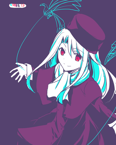 1girl, bird, capelet, fate/stay_night, fate_(series), hat, illyasviel_von_einzbern, limited_palette