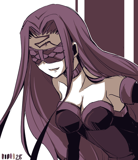 1girl, blindfold, facial_mark, fate/stay_night, fate_(series), forehead_mark, limited_palette, long_hair