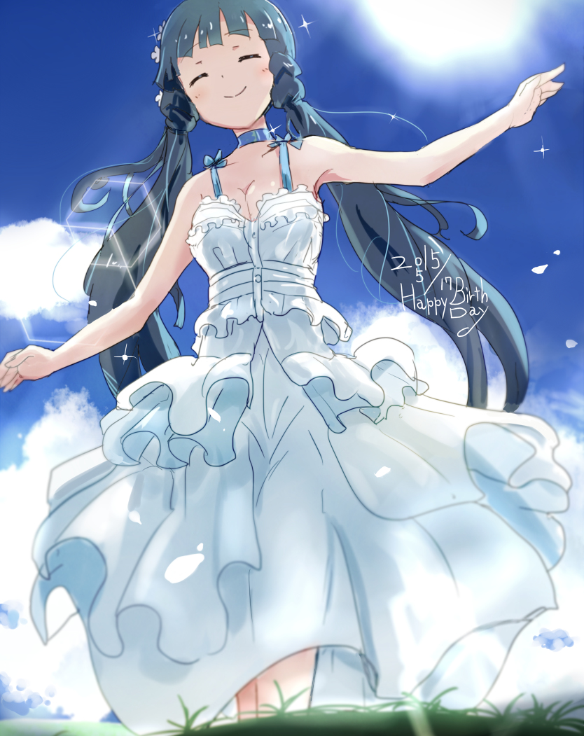 1girl, ^-^, birthday, blue_hair, blush, choker, closed_eyes, dress