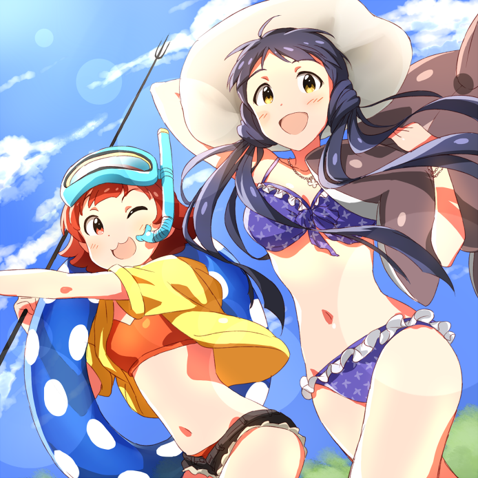 2girls, ahoge, bikini, blue_hair, blush, brown_eyes, choker, dani-ikapi, flower, happy, hat, idolmaster, idolmaster_million_live!, innertube, kitakami_reika, long_hair, looking_at_viewer, nonohara_akane, red_hair, ribbon, running, short_hair, shorts, sky, snorkel, summer, sun_beam, swimsuit, swimsuit_under_clothes, teddy_bear, twin_tails, wink, yellow_eyes
