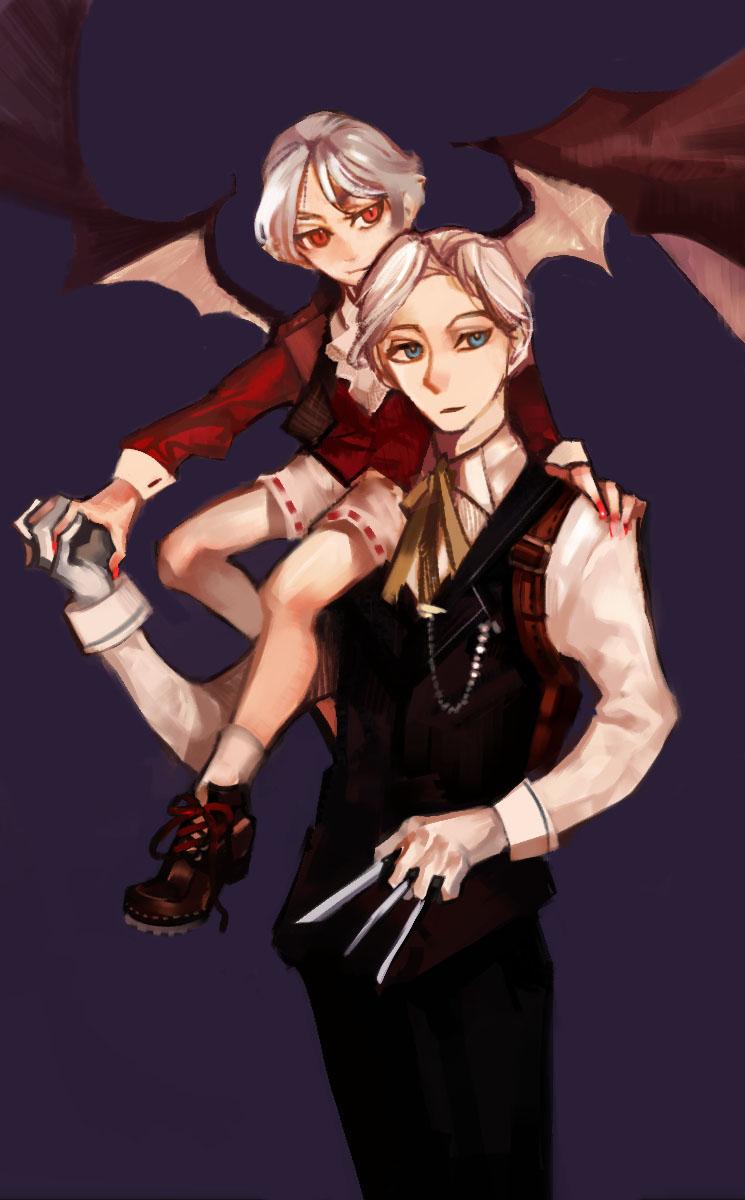 2boys, alternate_hair_color, bat_wings, black_pants, blue_eyes, chain, collared_shirt, ears