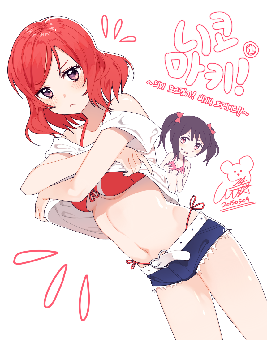 14_(vision5032), 2girls, bare_shoulders, bikini, bikini_under_clothes, black_hair, blush, bow