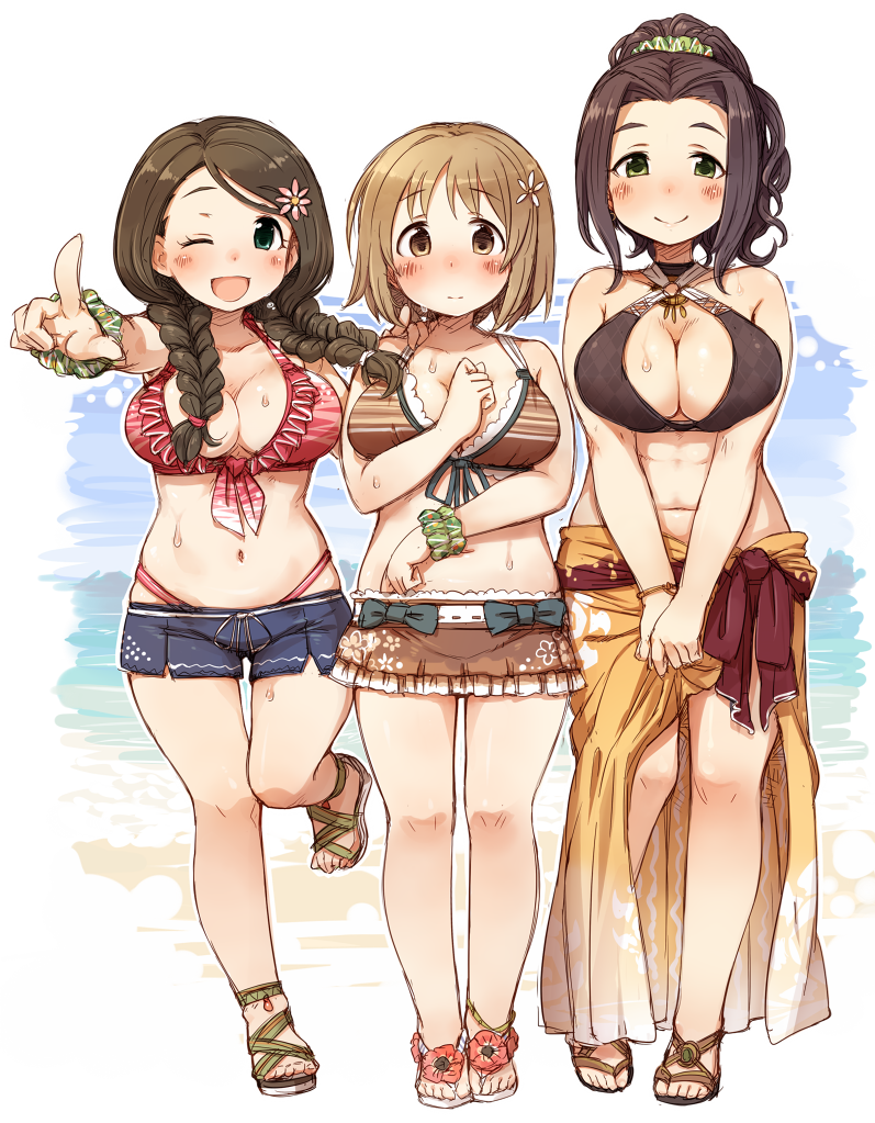 3girls, 7010, ;d, akanishi_erika, bare_shoulders, beach, bikini, blush, braid, breasts, brown_eyes, brown_hair, cleavage, ebihara_naho, flower, front-tie_top, green_eyes, hair_flower, hair_ornament, idolmaster, idolmaster_cinderella_girls, large_breasts, long_hair, looking_at_viewer, mimura_kanako, multiple_girls, navel, one_eye_closed, open_mouth, pointing, pointing_at_viewer, ponytail, sandals, sarong, short_hair, skirt, smile, swimsuit, twin_braids, v_arms