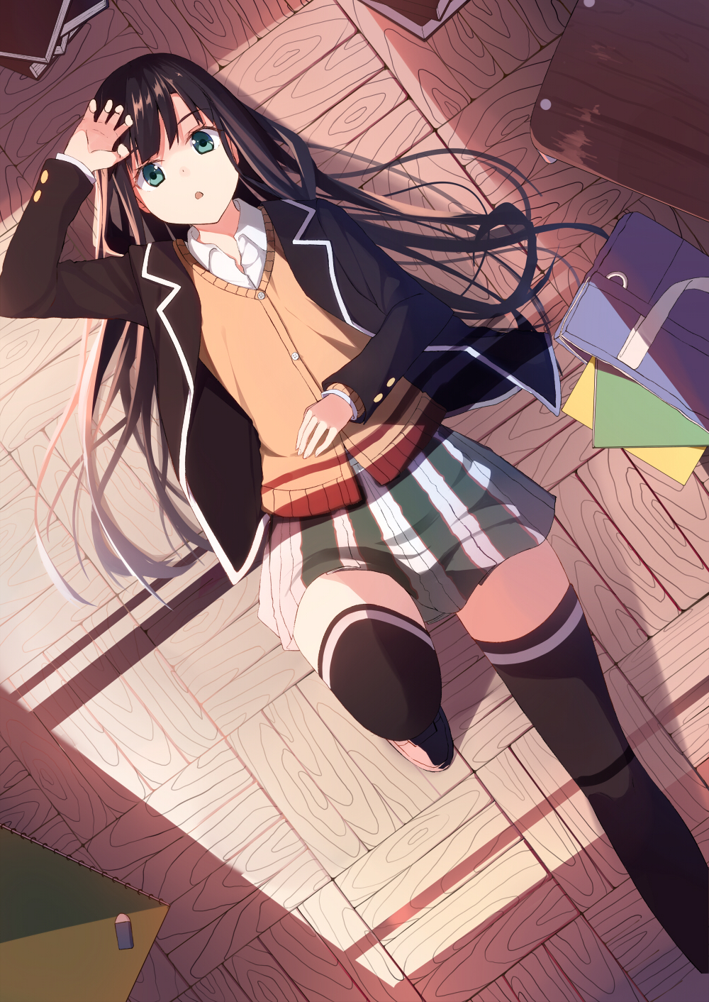 1girl, bag, black_hair, blazer, blue_eyes, book, highres, long_hair, lying, school_bag, school_uniform, solo, thigh-highs, torutee, vest, yahari_ore_no_seishun_lovecome_wa_machigatteiru., yukinoshita_yukino, zettai_ryouiki