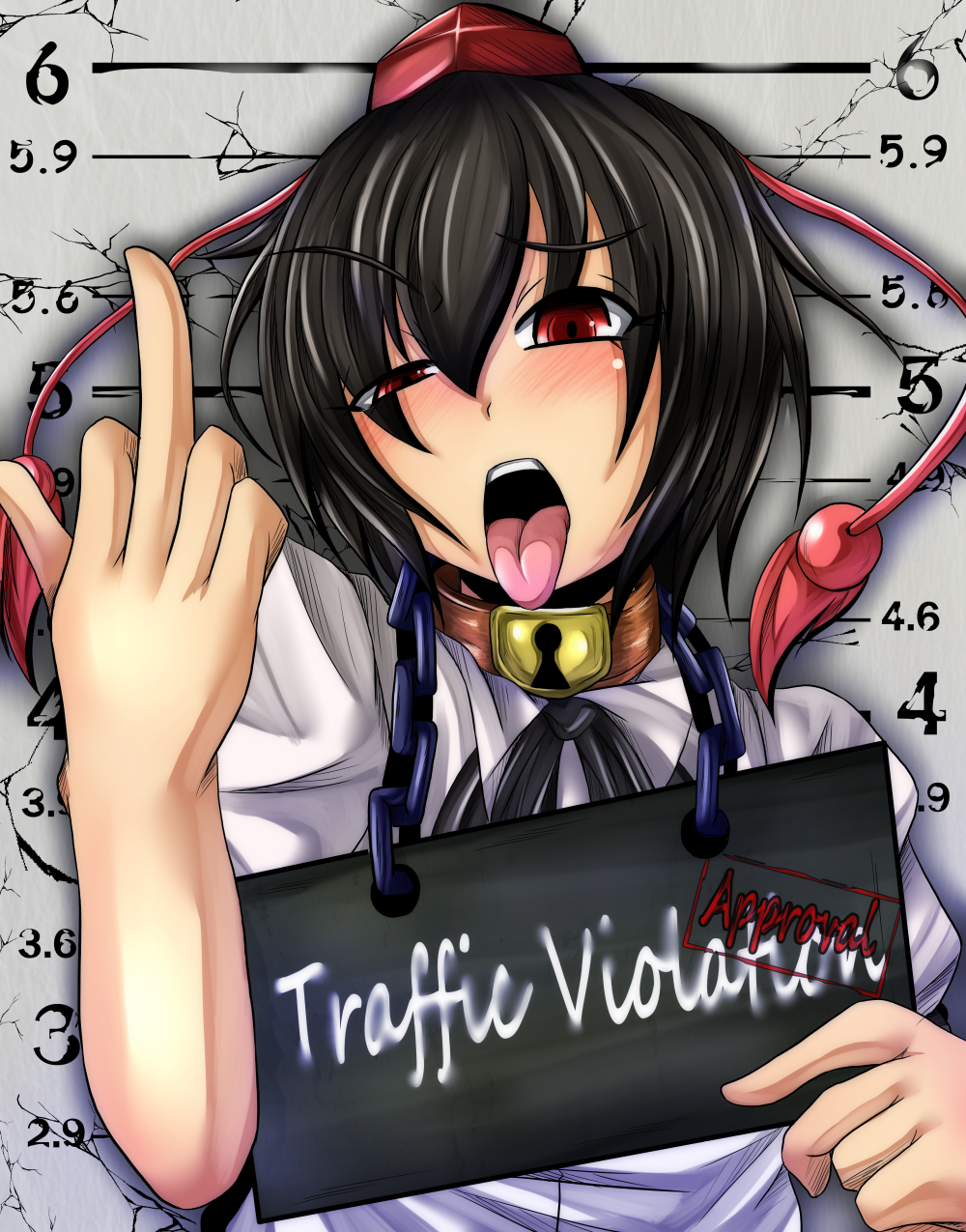 1girl, black_hair, blush, collar, hat, highres, lock, middle_finger