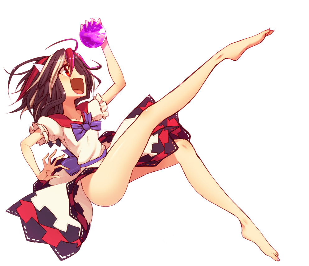 1girl, ball, barefoot, black_hair, bowtie, dress, fang, full_body