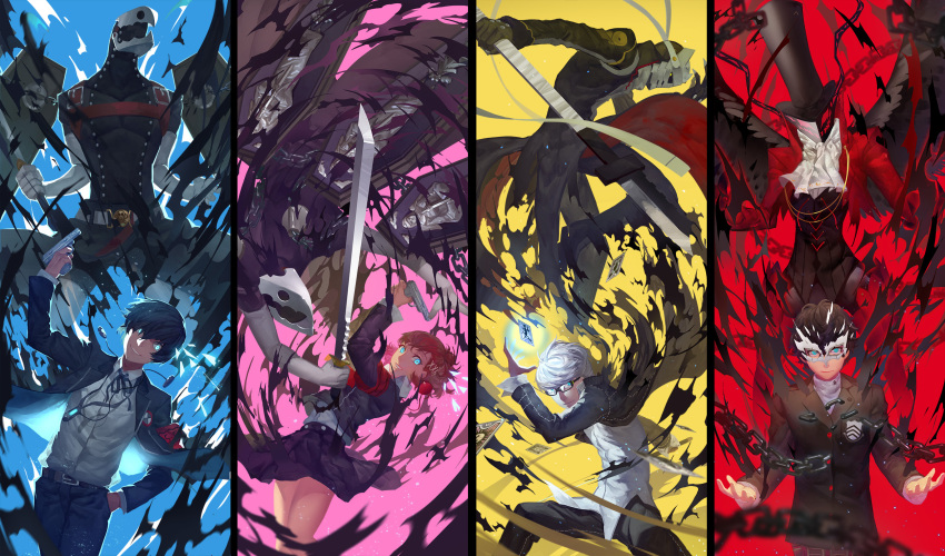 1girl, 3boys, alternate_eye_color, arisato_minato, armband, arsene_(persona_5), black_hair, blue_eyes