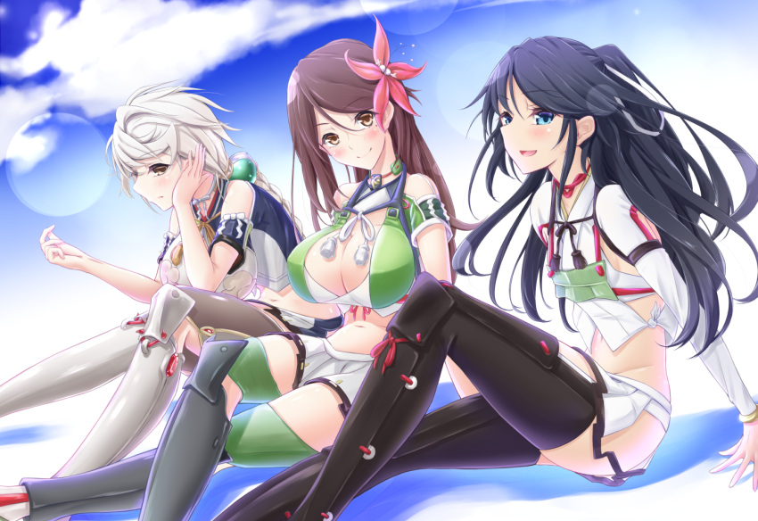 3girls, amagi_(kantai_collection), arm_support, armpits, asymmetrical_clothes, asymmetrical_hair, bare_shoulders, bent_knees