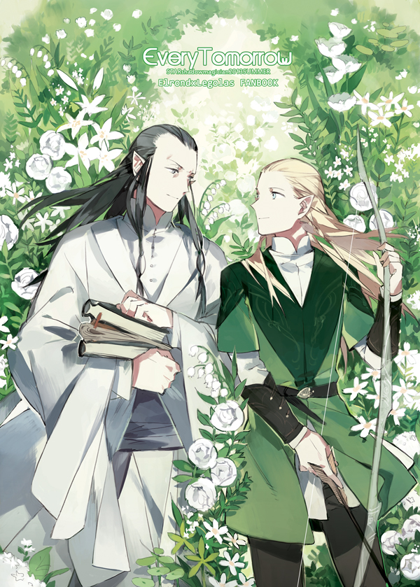 2013, 2boys, arrow, artist_name, black_hair, blonde_hair, book, bow_(weapon)