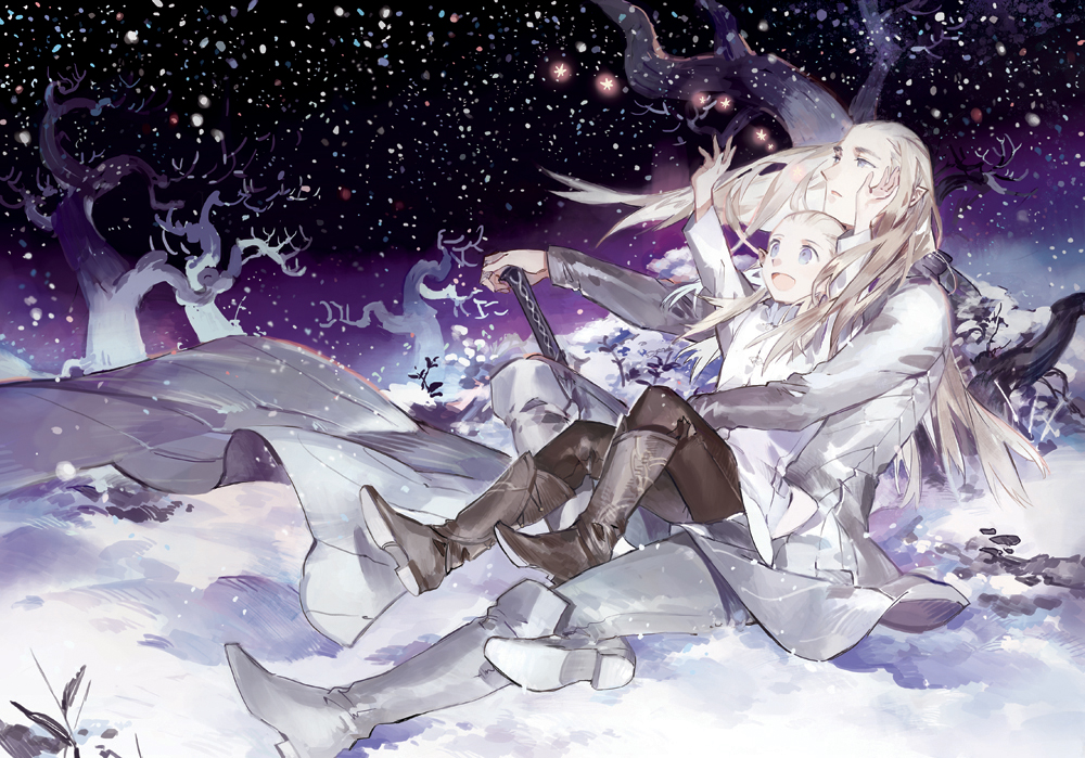 2boys, :d, arm_up, bare_tree, blonde_hair, blue_eyes, boots, coat