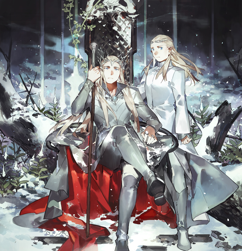 2boys, blonde_hair, blue_eyes, boots, coat, crossed_legs, crown, elf