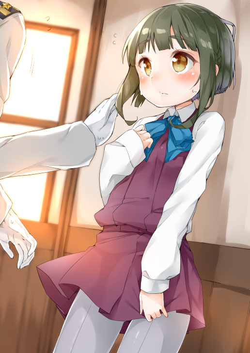 1girl, admiral_(kantai_collection), blush, braid, brown_eyes, gloves, green_hair, kantai_collection