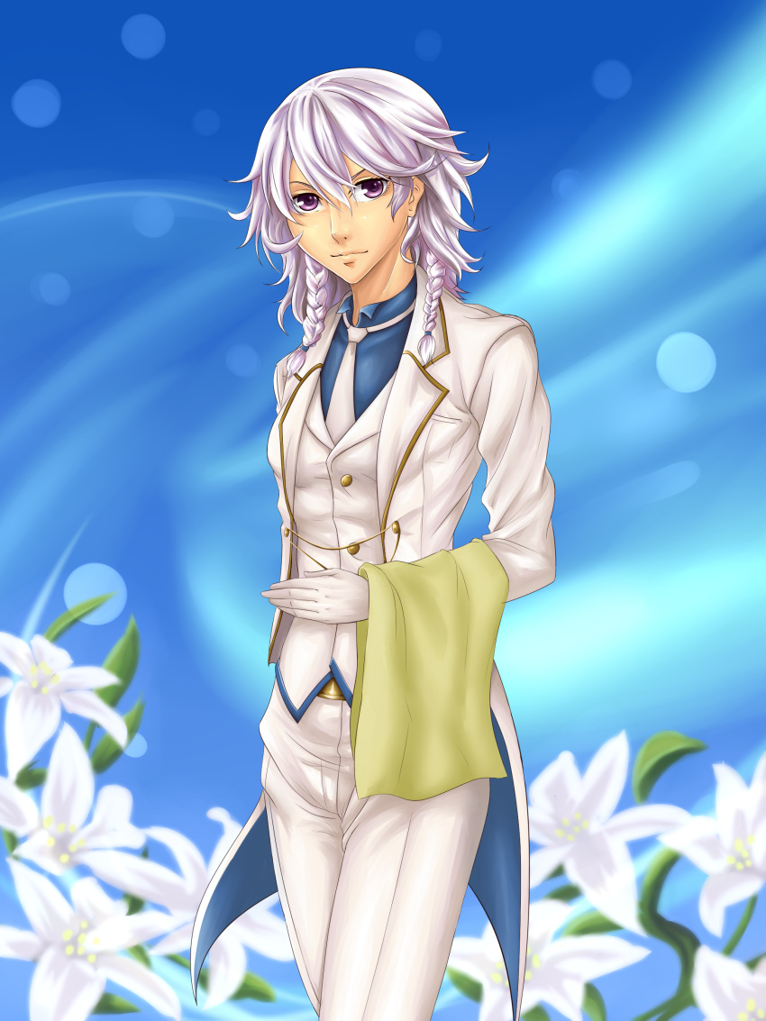 1girl, absurdres, alternate_costume, arm_behind_back, blue_background, braid, butler, commentary_request