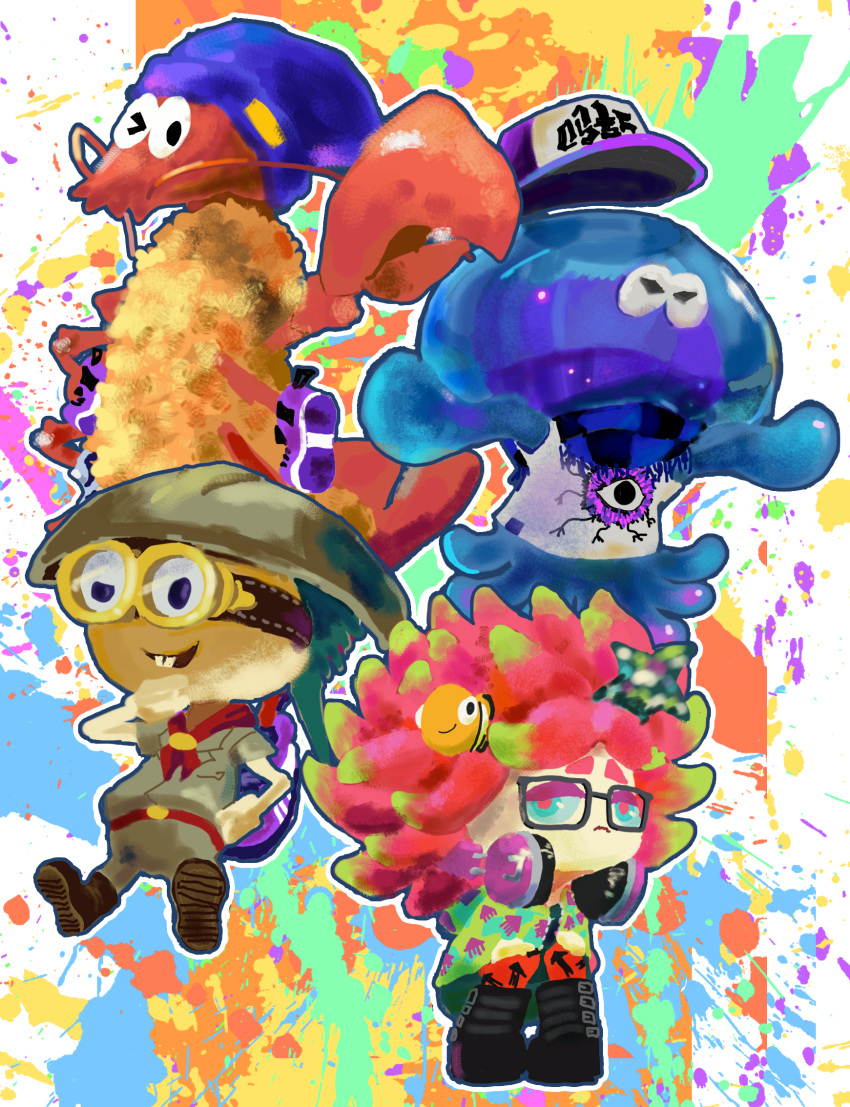 >_o, 1girl, 3boys, anemo_(splatoon), animal_on_head, baseball_cap, beanie, blue_eyes