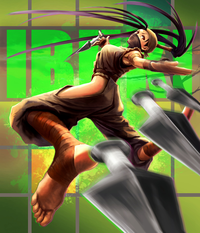 action, ankle_wraps, bare_hips, barefoot, capcom, dirty_feet, face_mask, feet