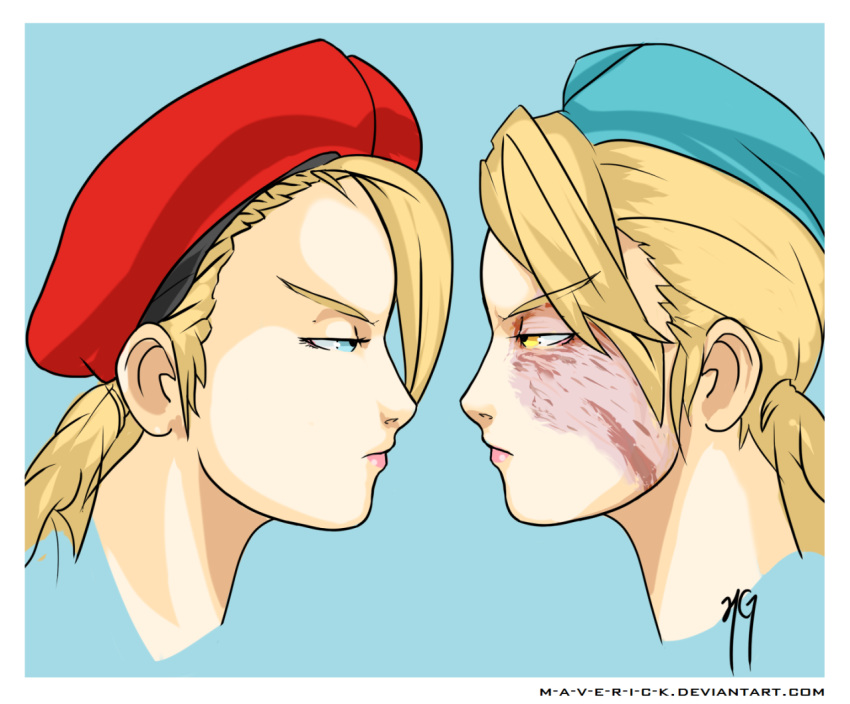 2girls, beret, blonde_hair, blue_eyes, braid, cammy_white, commentary, decapre