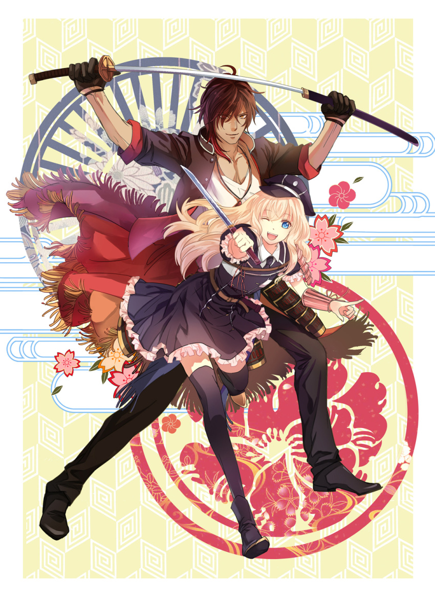 2boys, ;d, black_legwear, blonde_hair, blue_eyes, brown_hair, dress, egasumi, flower, hat, highres, katana, male_focus, manman_mumu, midare_toushirou, multiple_boys, necktie, one_eye_closed, ookurikara, open_mouth, otoko_no_ko, sheath, smile, sword, tantou, thigh-highs, touken_ranbu, unsheathing, weapon, yellow_eyes