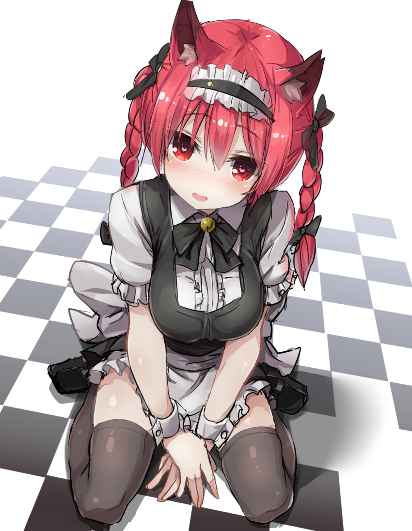 1girl, 5240mosu, alternate_costume, animal_ears, apron, arm_support, black_legwear, blush