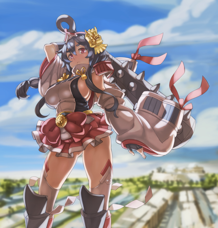 1girl, black_hair, detached_sleeves, highres, long_hair, oshiro_project, red_eyes, solo, tenako_(mugu77), thigh-highs, weapon
