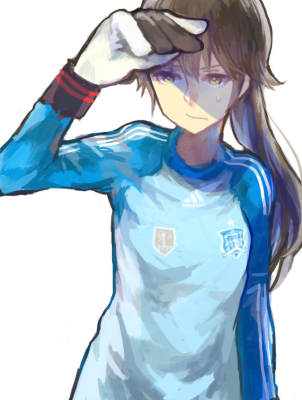 1girl, angela_salas_larrazabal, brown_hair, long_hair, long_sleeves, ponytail, shirono_kuma, simple_background