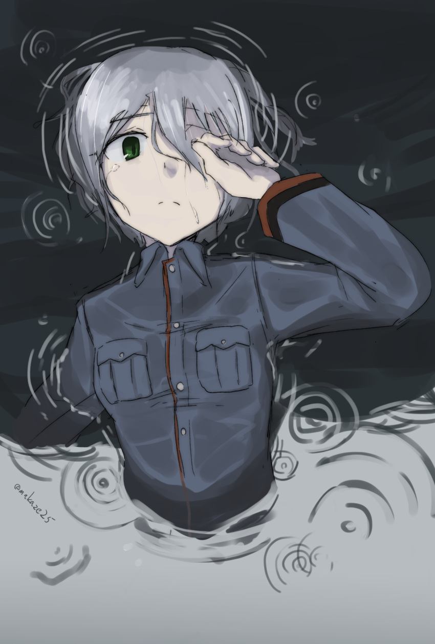1girl, green_eyes, hand_over_eye, highres, laura_toth, long_sleeves, makaze_(t-junction), military, military_uniform, partially_submerged, short_hair, silver_hair, solo, strike_witches, twitter_username, uniform, water, wet